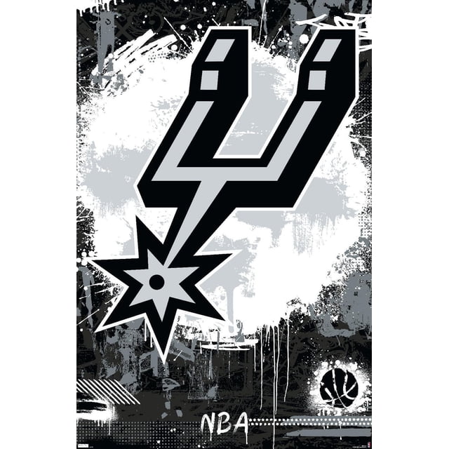 NBA San Antonio Spurs - Affiche Murale Logo Maximaliste 23, 22,375 Pouces x 34 Pouces, Présente un Grand Logo des Spurs Noir et Gris avec une Étoile et un Éperon Stylisé sur un Fond Style Graffiti Noir, Blanc et Gris, Imprimée sur Papier Lustré, Convient à la Déco de Chambre de fan de sports et aux Dortoirs.