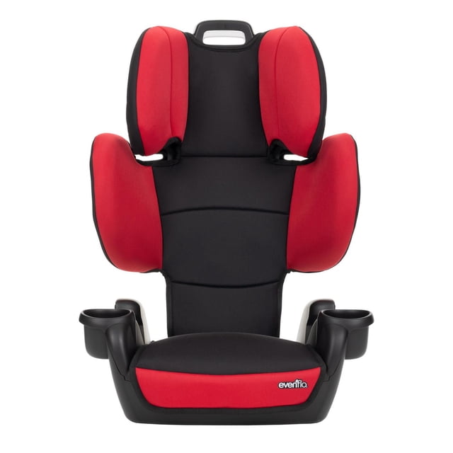 Evenflo GoTime Sport Booster Car Seat in black and red with padded high back and overlapping head and body sides, dual integrated cup holders, and a carry handle, designed for children 40-120 lbs aged 4-12 years.