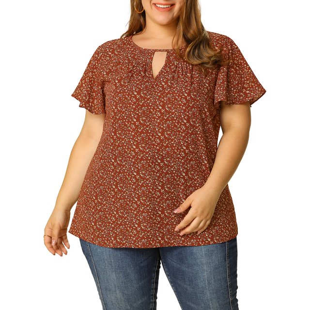 GRACE & GRANDEUR Women's Plus Size Floral Chiffon Flared Sleeve Blouses