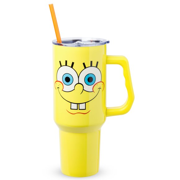 Silver Buffalo SpongeBob SquarePants Double Walled Stainless Steel Tumbler with Handle, Fits in Standard Cup Holder, 40 Ounces