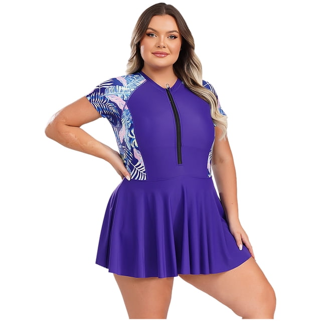 renvena Maillot Dermoprotecteur une Pièce pour Femmes, Fermeture Éclair devant, Robe de Bain à Manches Courtes, Maillot de Bain à Séchage Rapide, Bleu Marine, TTG