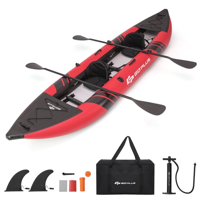 Goplus Ensemble de Kayak Gonflable Portable pour 2 Personnes avec Araignées en Aluminium et Siège Rembourré en EVA Rouge. le Kayak Présente une construction durable en PVC Laminé Renforcé avec Revêtement Antidérapant, Deux Sièges Rembourrés en EVA Ajustables avec Dossiers, et un design à 3 Chambres pour la Sécurité. Comprend Deux Araignées en Aluminium Légères, Deux Palmes Détachables pour la Stabilité, une Pompe Manuelle pour un Gonflage Rapide, un kit de Réparation et un Sac de transport pour la Portabilité. Conçu avec des Sangles Élastiques pour le Rangement, un Trou de drainage et des Poignées de Saisie pour un transport