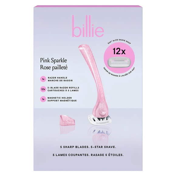 Billie Pink Sparkle Women's 5-Blade Razor with Magnetic Holder and 12 Refill Cartridges