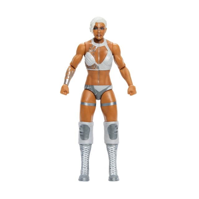 WWE Jade Cargill Action Figure, Main Event Series #161, 6-inch collectible with 14 points of articulation, featuring a muscular female wrestler in silver and white ring gear including a halter top with cutout, matching shorts, arm sleeve, knee pads, and lace-up boots, posed front-facing on a white background, ideal for recreating WWE matches or display.