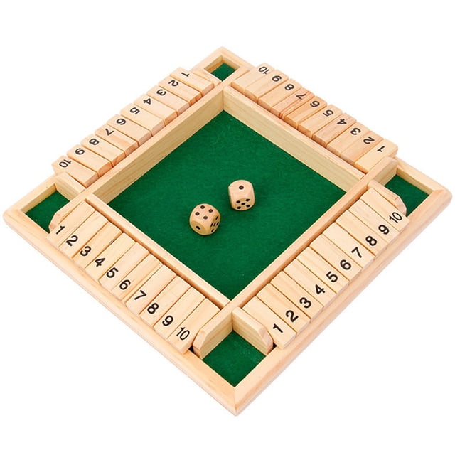 Shut the Box Game Funny Interactive 4-Player Wooden Dice Game Table Board Game featuring a square wooden board with light yellow and green accents, smooth edges, and a green felt playing surface. The board includes numbered wooden tiles from 1 to 10 on each side and two wooden dice placed in the center. Ideal for kids and adults, this classic game promotes logical thinking and hand-eye coordination.