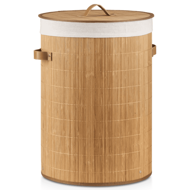 Bouclair Natural Round Bamboo Hamper with Lining and Faux Leather Handles