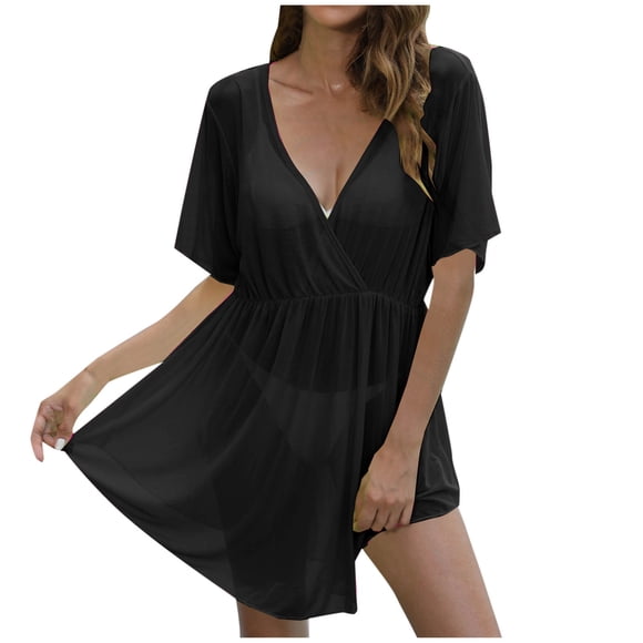 Plebaso Womens Swimsuit Cover up Mesh Wrap V Neck Bikini Coverups See Through Flowy Beachwear Dress Summer