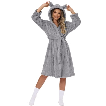Ovingeta Robe à Capuche avec Oreilles pour Femmes, Peignoir d'Hiver en Flanelle, Pyjama, Robe de Chambre Haut de Gamme, Ouverture Frontale, Tenue de Détente, Robes de Nuit Duveteuses