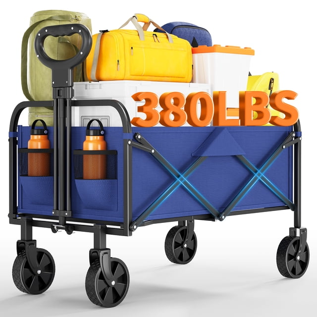 Heavy Duty Collapsible Wagon Cart with Handle and Wheels, shown in blue with a sturdy steel frame and double-layer 600D oxford fabric. The wagon is loaded with various items, including bags and containers, demonstrating its 380 lbs weight capacity. It features all-terrain wheels and drink holders, making it ideal for grocery shopping, beach trips, camping, and sports events. The adjustable handle and foldable design enhance portability and ease of use.