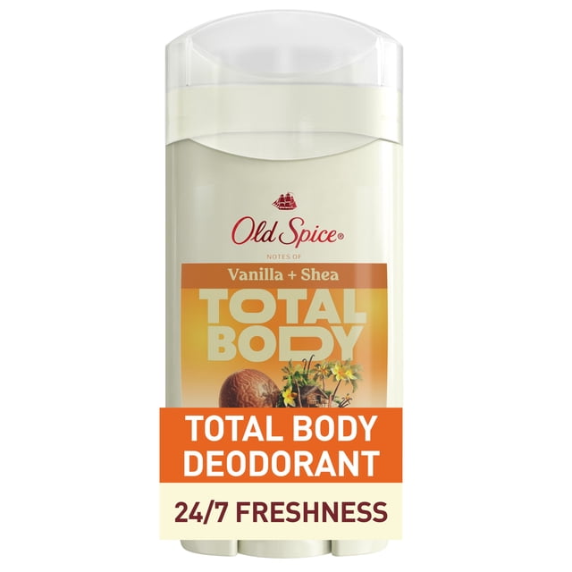 Old Spice Total Body Deodorant Aluminum Free Vanilla + Shea Butter in a beige stick container with clear cap, featuring vanilla and shea imagery, dermatologist tested for men's whole body use providing 24/7 freshness from pits to toes and down below.