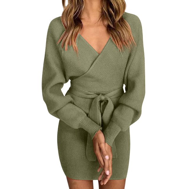 Robe Chandail à Manches Longues pour Femme à Col en V Dos Nu - Mini-Robe Moulante Portefeuille en Tricot - Tenue de Fête avec Ceinture - S-TTTG