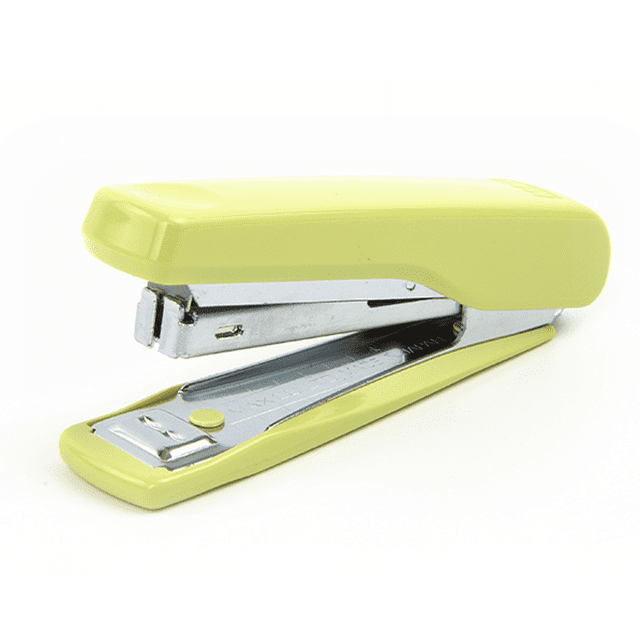 Desktop stapler, standard stapler, 25-sheet capacity by Reiche. Durable metal construction with jam-proof inner rails for precise binding. Ideal for office supplies, designed for desktop use with a full bar of 210 staples and a low-staple indicator. Ergonomic lightweight design in a vibrant yellow finish, suitable for stapling documents to bulletin boards or creating temporary staples by reversing the anvil.