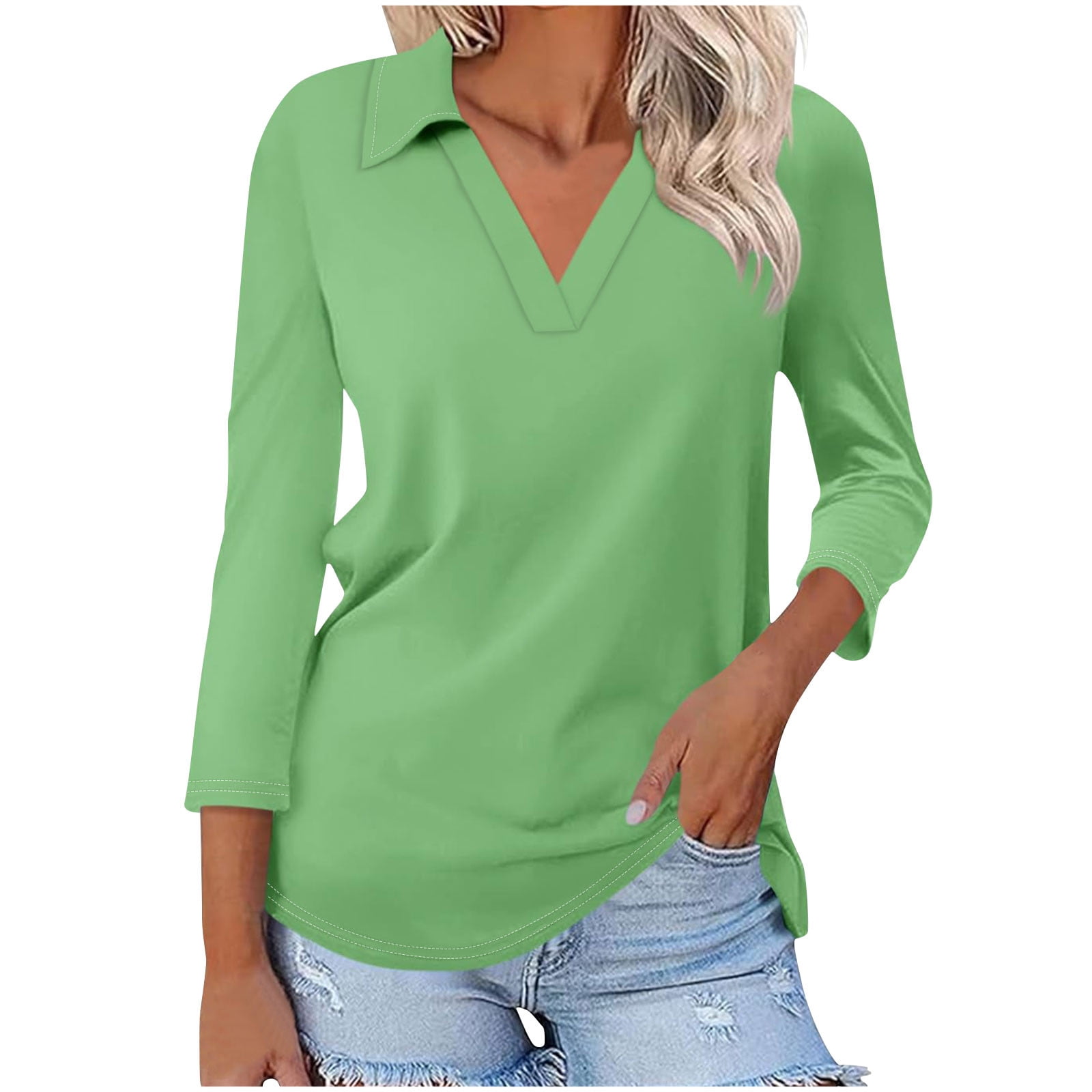 Vente Liquidation de Hauts pour Femmes! Polos à Manches 3/4 à Col en V pour Femmes, Hauts d'Été Décontractés, Col de Base, T-Shirts Mignons