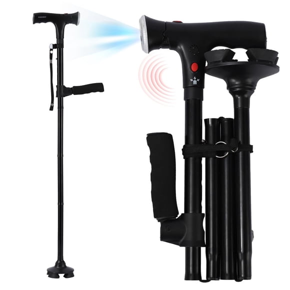 JUNWELL Walking Cane with Led Light and Alarm for Men & Women - Foldable Adjustable Collapsible Free Standing Cane Pivot Tip Heavy Duty | Walking Sticks Folding Canes for Seniors & Adults