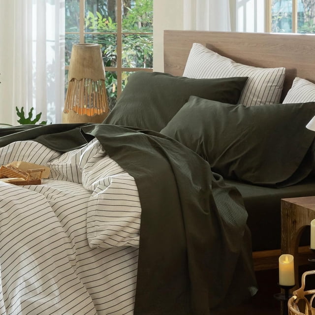 Bedding Sheet Set Washed Cotton Linen Like Textu Breathable Durable Soft Comfy (Dark Orange Queen)
