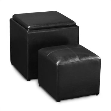 Convenience Concepts Park Avenue Faux Leather Cube Ottoman with Stool in Black