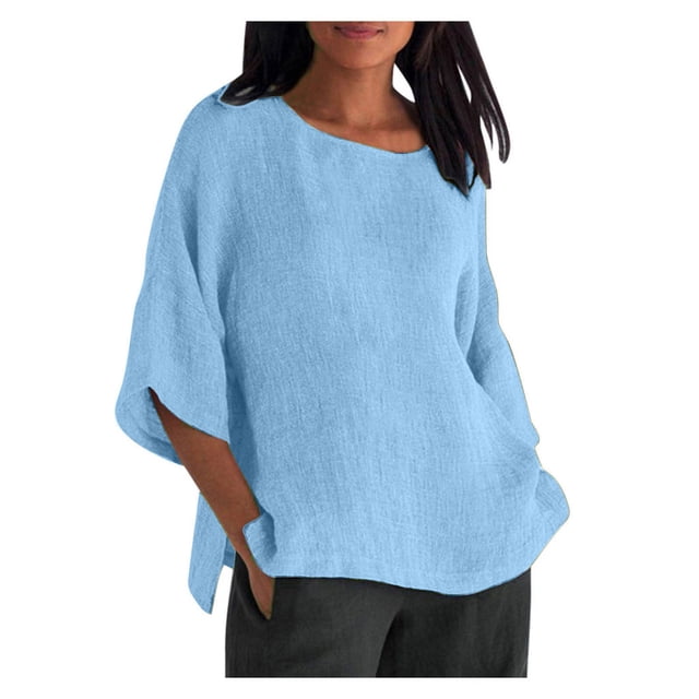 DPTALR Blouse Chemise Ample en Coton à Manches Courtes d'Été pour Femme à Col Rond