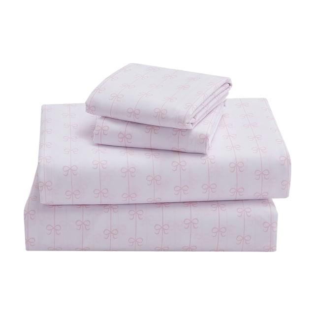Mainstays Kids Microfiber Bed Sheet Set, Full, Bows, 4 Pieces