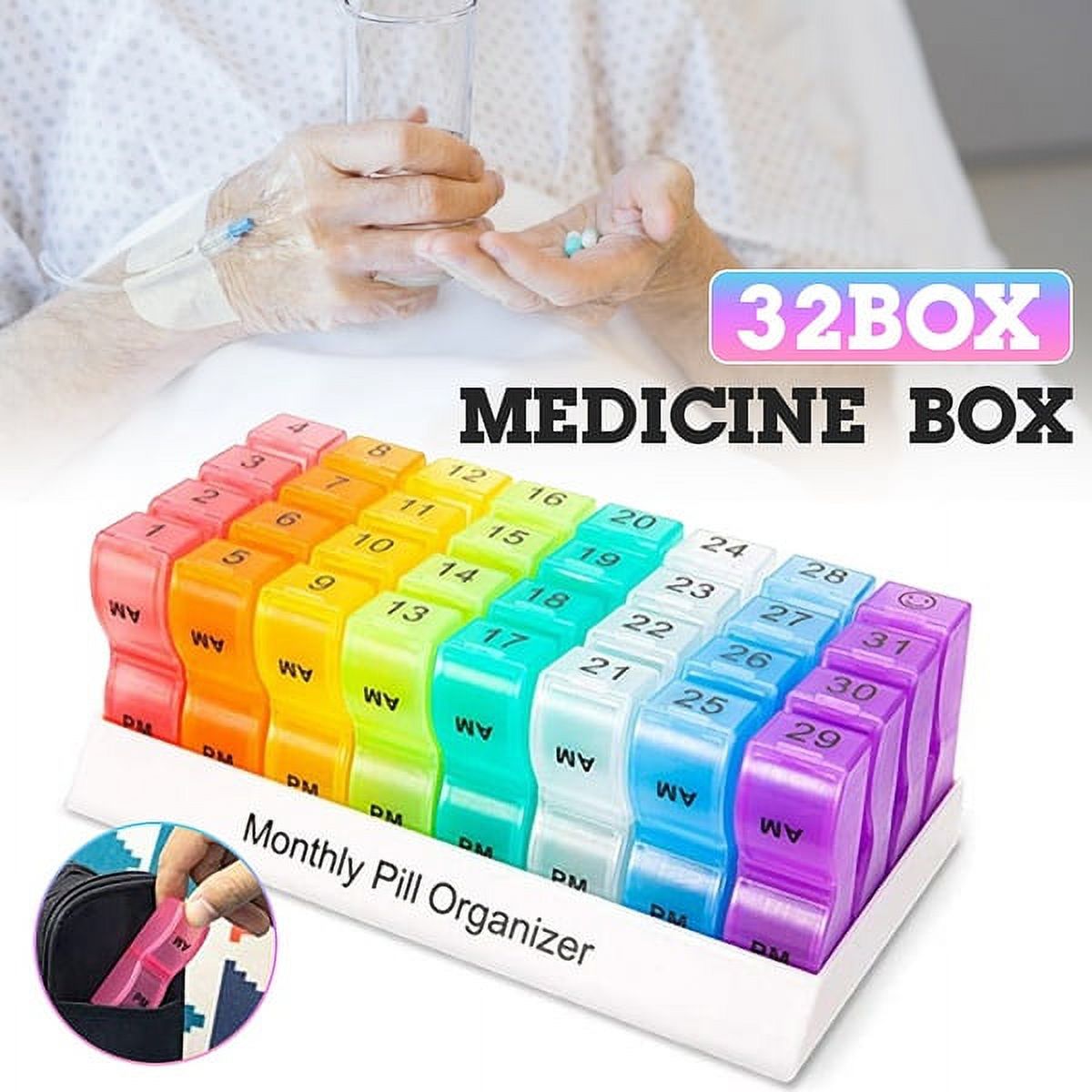32 Grids Pill Organizer,Safety Non-toxic Portable Monthly Pill Box Design Compartment XL Daily Pill Cases for Pills/Vitamin/Fish Oil/Supplements