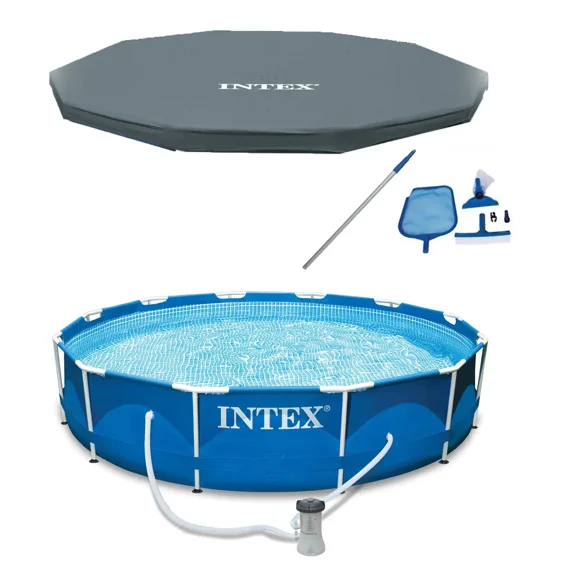 INTEX 12'x30" Metal Frame Above Ground Pool, Filter, Cover & Cleaning Kit