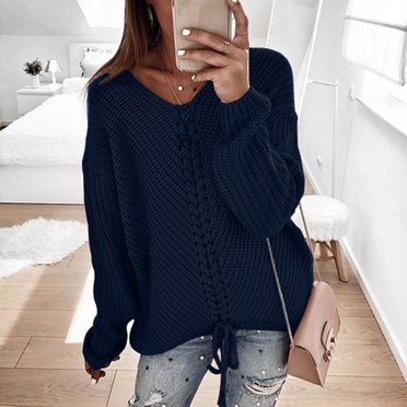 HWRETIE Women's Loose V Neck Sweater Long Sleeve Knit Pullover Casual Lightweight Top For Fall Winter Wear