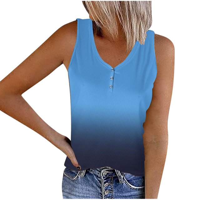 Tank Top for Women Womens Striped Round Neck Button Elastic Tank Top