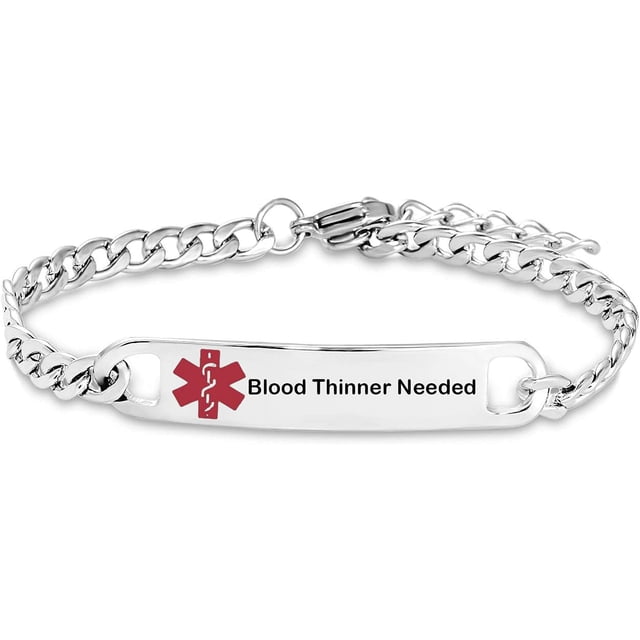 HSHDLDF Red Medical Alert Bracelet for Women Men Emergency First Aid Health Alert Engraved Adjustable Stainless Steel Chain Bracelets. The bracelet features a polished stainless steel chain with an engraved medical alert plate displaying a red medical symbol and the text 'Blood Thinner Needed.' Adjustable length of 8.3 inches plus 1.2 inches (21cm+3cm) ensures a comfortable fit. Designed for quick recognition by first responders in emergencies.