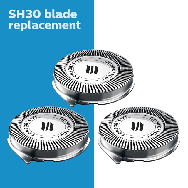 3 Pcs Lames de Rechange pour Rasoir SH30/50/52 Heads pour Philips Electric Shaver Series, Conçues avec des Lames de Coupe Confort Arrondies pour un Rasage Doux et Protecteur. Idéales pour Remplacer des Têtes de Rasoir Électrique Usées, Ces Têtes de Rechange Métalliques Présentent un Texte Gravé « Comfort Cut » et Sont Affichées sur un Fond Bleu et Blanc Séparé.