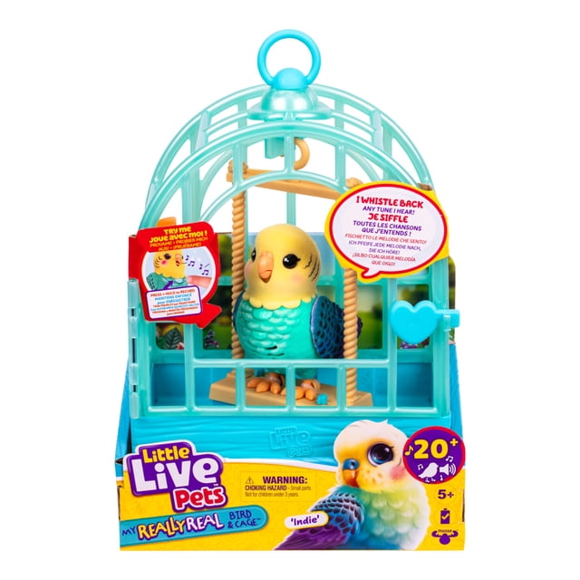 Little Live Pets Bird and Cage Indie, a blue and yellow interactive budgie with flocked feathers and a moving beak inside a turquoise plastic cage with a swing perch, whistles back tunes and repeats recorded sounds, ideal for children 5 years and older.