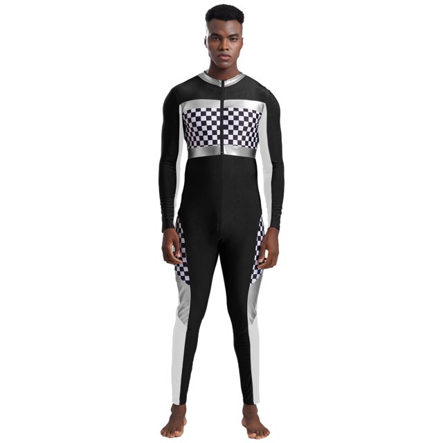 iiniim Men's Race Car Driver Costume Jumpsuit Checkerboard Plaid Rompers Finish Line Racer Outfits Black 3XL