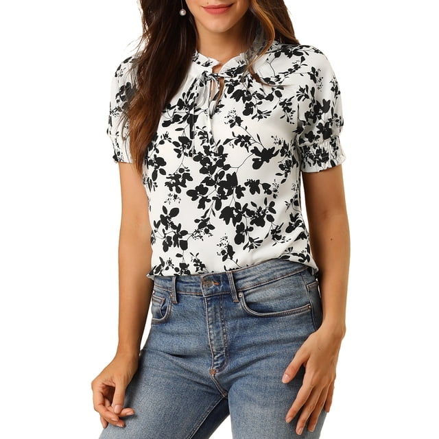 GRACE & GRANDEUR Blouse Florale Décontractée à Manches Courtes pour Femme, à Volants, Col Noué, m Blanc