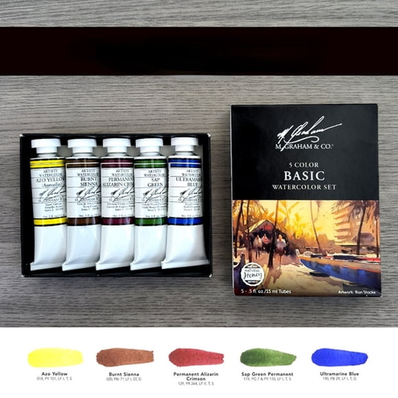 M. Graham & Co. 5-Color Basic Watercolor Set, 15ml Honey-Based Paints for Beginners, Students & Hobbyists