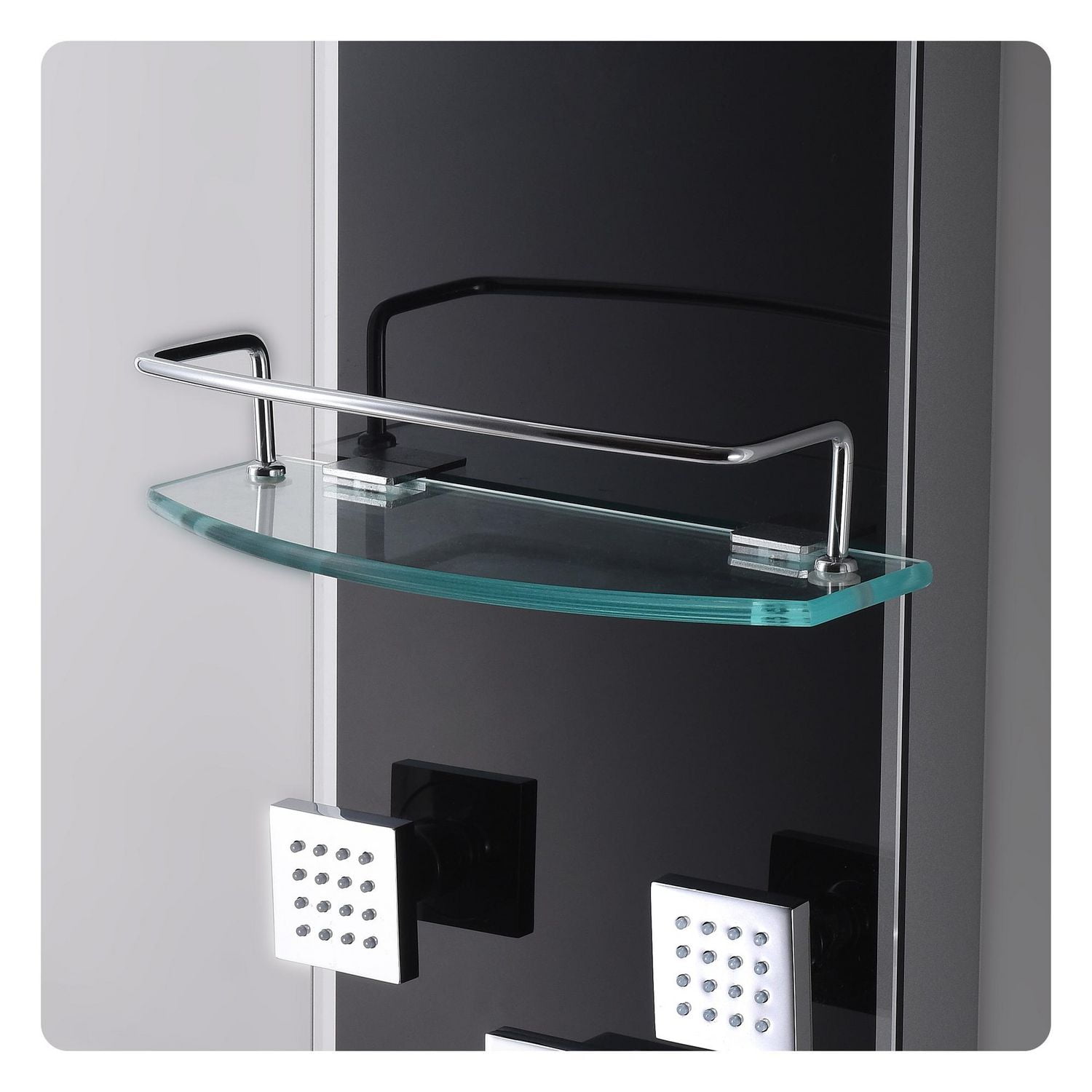 The akuaplus® ZARA stainless steel and glass shower panel with thermostatic cartridge and 3-way diverter, 6 body jets oriental, plus 1 shelf.