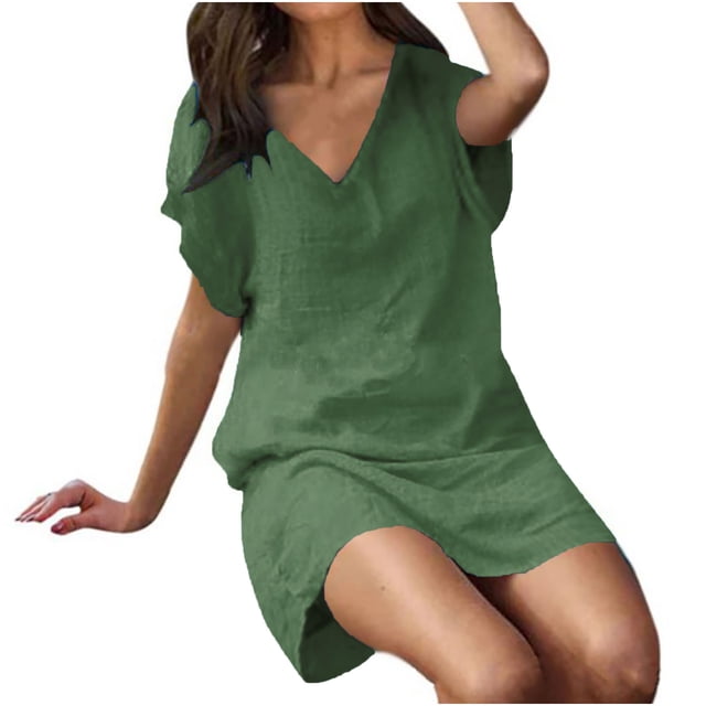 Fshaion Robe d'Été pour Femmes 2024 Grande Taille Manches Courtes Couleur Unie Col en V Douce Confortable Longue Robe Liquidation à Moins de 10!