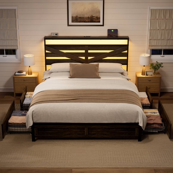 GUNAITO Full Bed Frame with Storage Headboard & 4 Drawers, Dark Gray Industrial Metal Platform Bed with Charging Station and LED