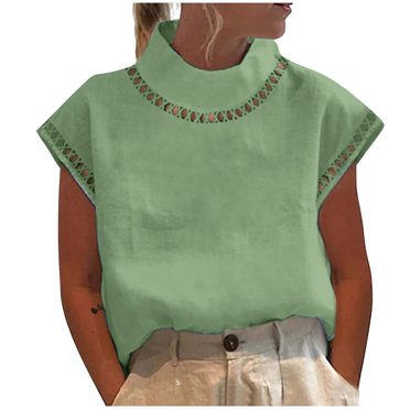 Women's Cotton Linen Blouse Work Short Sleeve Mock Neck Hollow Out Tops Shirt Summer Casual Comfy Tshirts Loose Vacation
