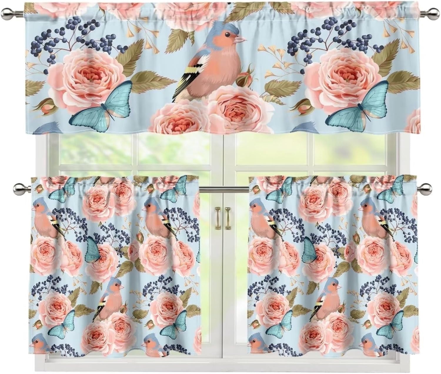Pink Flower Kitchen Curtains and Valances Set,3 Piece Small Window Valance Sets Treatment Drapes for Kitchen, Bedroom, Living & Dining Room by Achim Home Decor