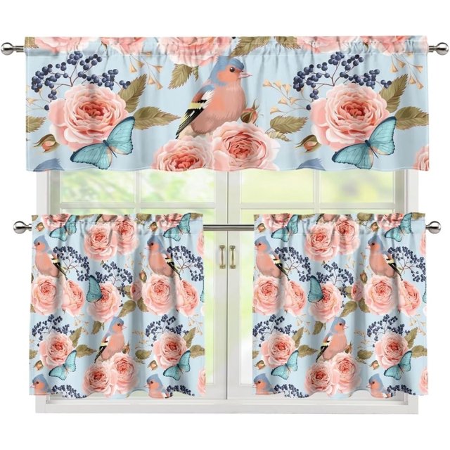 Pink Flower Kitchen Curtains and Valances Set,3 Piece Small Window Valance Sets Treatment Drapes for Kitchen, Bedroom, Living & Dining Room by Achim Home Decor
