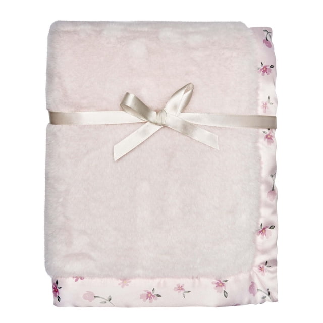 Modern Moments by Gerber Baby 1 Pack Plush Blanket with Satin Trim folded, featuring soft light pink plush fabric and floral satin trim in pink and green, tied with a cream satin ribbon, sized 30 by 40 inches for baby bedding and nursery use.