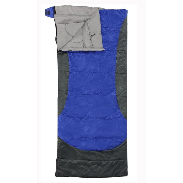 RWD Heat Zone UL-150 Ultralight Rectangular Sleeping Bag in blue and dark gray with diamond ripstop polytek shell, polysoft pongee lining, and ULTRALOFT 7-hole hollowfibre insulation. Features full-length draft tube and insulation collar, measuring 78 by 34 inches, shown open with inner lining visible, ideal for camping and outdoor activities.