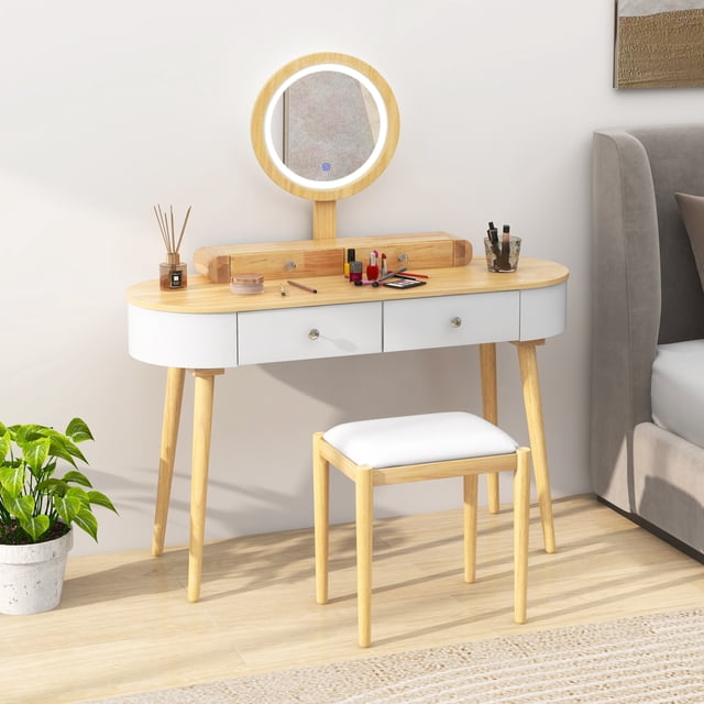 Costway Solid Wood Makeup Vanity Desk Set with LED Lighted Mirror Drawers Cushioned Stool White + Natural