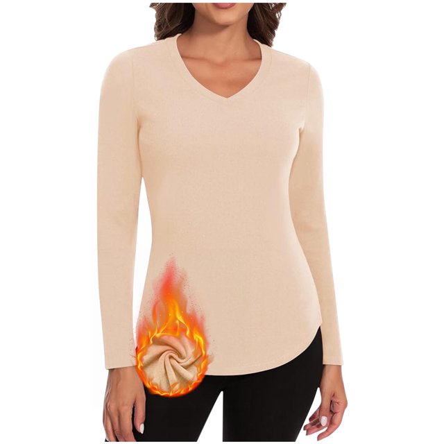 Timegard Womens Tops Fleece Lined Comfy Skinny Tops V Neck Thermal Underwear Fall Winter Solid Color