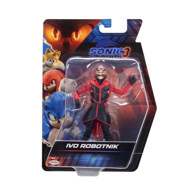Sonic the Hedgehog 3 - Figurines de 5 Pouces - Figurine d'Action Ivo Robotnik en Emballage, Présentant une Figurine Articulée de 5 Pouces Portant un long Manteau Rouge et Noir, des Gants Noirs et des Lunettes Teintées Rouges, sur Fond avec Sonic, Queues, Jointures et Personnages d'Ombre de la Catégorie Figurines de Jeux Vidéo.