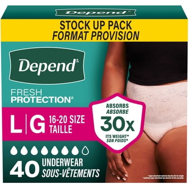 Sous-vêtement d’incontinence Depend Fresh Protection pour femmes adultes, jetable, degré d’absorption maximal, grande taille, rose fard, 40 unités