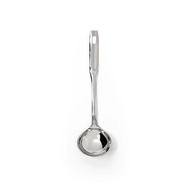 Farberware Stainless Steel Ladle with a polished mirror finish, featuring a long handle with a hanging loop and a deep rounded bowl for serving soups, stews, sauces, gravies, and dressings, shown in a centered top-down view on a white background.