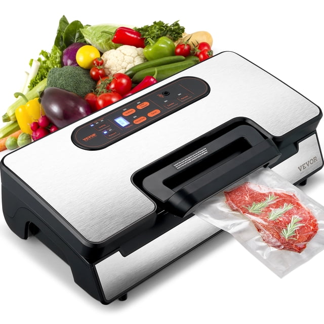 VEVOR Vacuum Sealer Machine with 90Kpa suction and 130W dual pump, featuring a stainless steel body, multifunctional control panel, and built-in cutter. The machine is shown sealing a bag of meat with herbs, surrounded by fresh vegetables. Includes accessories like vacuum bags, rolls, and an external hose for versatile food storage.