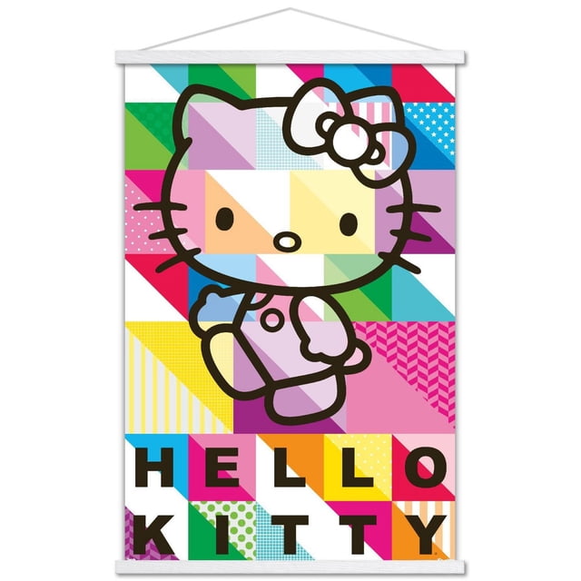 Hello Kitty - Affiche Murale à Motifs, 22,375 Po x 34 Po Mettant en Vedette un Personnage Hello Kitty Orienté vers l'Avant, Définie en Noir avec un Nœud sur l'Oreille Gauche de Elle, sur Fond de patchwork Géométrique Coloré de triangles et de Carrés aux Couleurs Vives et aux Motifs Variés, avec « Hello Kitty » en Lettres Noires Audacieuses au Bas, Idéal pour Décorer des Chambres, des Bureaux Ou des Dortoirs.