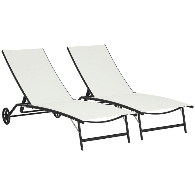 Outsunny 2PCs Lounge Chairs with Wheels, 5-Level Adjustable Backrest, White