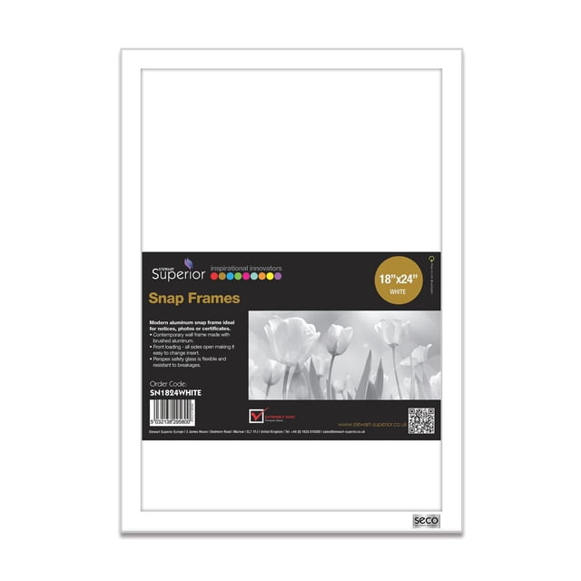 SECO Snap Poster Frame Case, 18 x 24 Inches, White, front-facing white anodized aluminum snap frame with a black informational insert showing grayscale tulip flowers and product details, featuring quick snap spring hinged front load, UV resistant anti-glare PVC front sheet, and included mounting hardware, suitable for notices, photos, or certificates in home décor wall frames.
