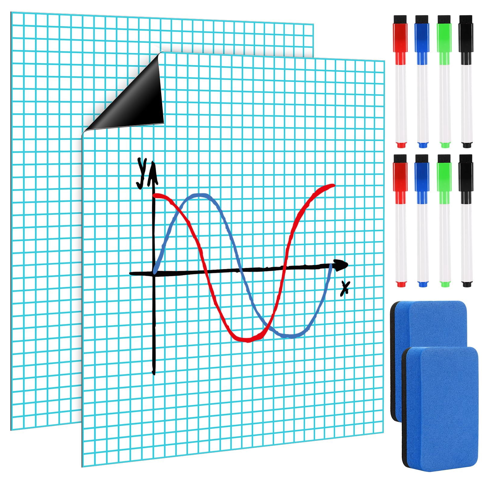 Ctosree 2 Set Jumbo Sized Magnetic Graph Paper for Whiteboard 27.95" x 22.05" Dry Erase Grid Dry Erase Board with Magnetic Dry Erase Colorful Markers
